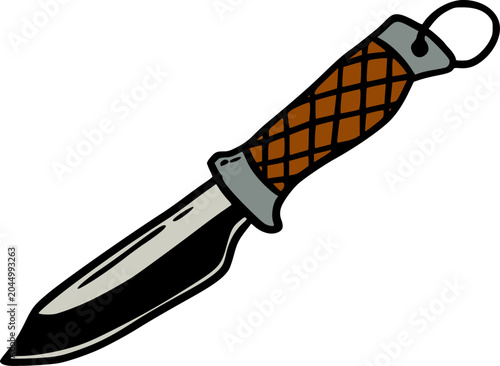 Cartoon illustration of a sharp knife with a dark blade and a brown textured handle, featuring a small ring at the pommel.