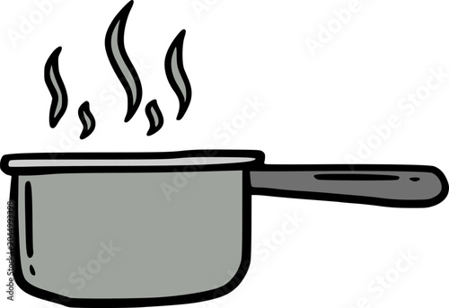 A simple cartoon drawing of a gray saucepan with a black handle, emitting steam or heat from its top, indicating something is cooking or hot.