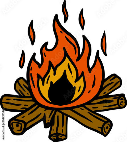 A vibrant, hand-drawn illustration of a classic campfire with burning logs and bright orange and yellow flames, perfect for outdoor adventure themes.