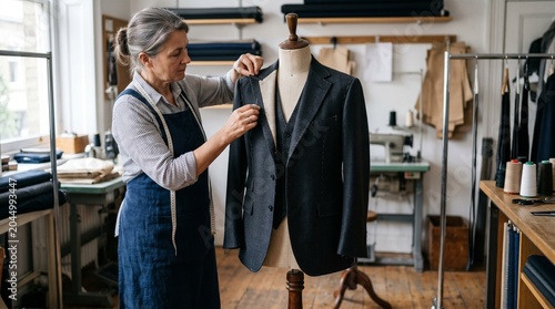 Experienced seamstress meticulously fitting a dark grey suit jacket on a mannequin in a well-lit tailor shop with sewing equipment