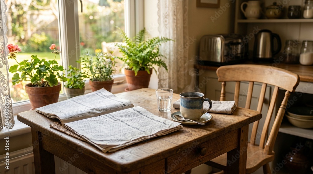 Fototapeta premium Cozy morning scene with coffee newspaper and plants by the window in a rustic kitchen