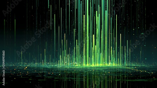 A matrix style digital rain background showing abstract vertical glowing green code lines falling down on a dark reflective surface representing high data flow
