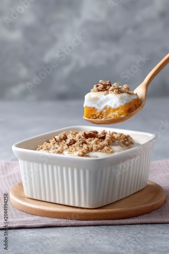 sweet potato casserole with marshmallows and pecans, in a baking dish.