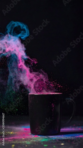 Vibrant Colored Powder Rising From Black Mug on Dark Background