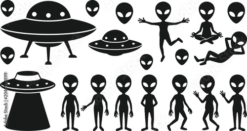 Foto Alien character silhouettes set with flying saucers isolated on white background
