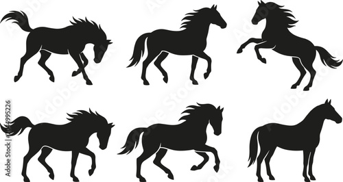 Foto Dynamic horses in motion black silhouette set active running and rearing equestr