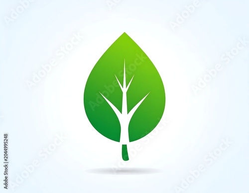 Vibrant green leaf with stem isolated on white background.