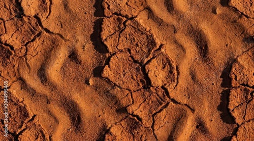 Top view of arid cracked red earth desert surface with dry sand texture and natural soil fissures