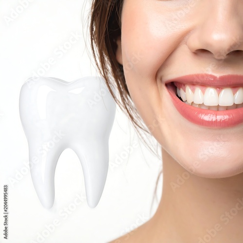 Smiling Young Woman Showing White Teeth Beside Tooth Model on Light Background