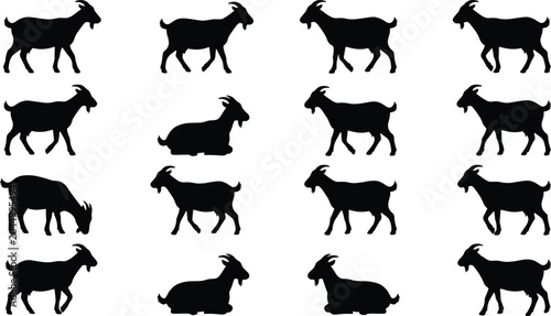 Goat silhouette collection including various breeds and poses on white background vector