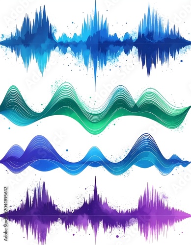 Colorful Abstract Sound Waveforms Arranged on White Background