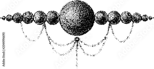 Beaded sphere with hanging chains on white background
