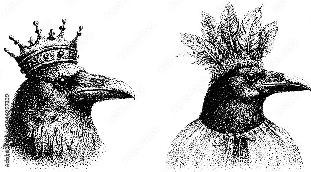 Obraz premium Crow heads wearing crowns facing opposite directions on plain background