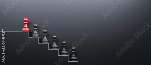 Leadership and growth concept, red pawn of chess, standing out from the crowd of black pawns, on black background with empty copy space on right side. 3D Rendering