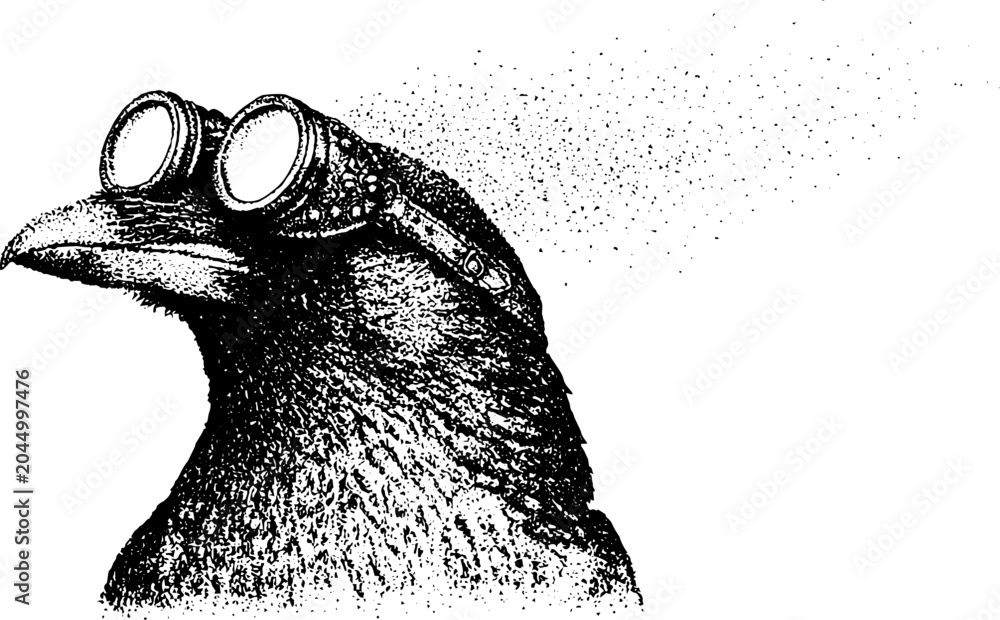 Fototapeta premium Crow wearing round goggles looking left on white background