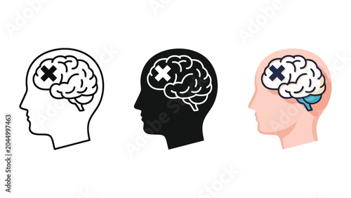 Obraz na plátně Human head profile with brain and cross mark vector illustration set