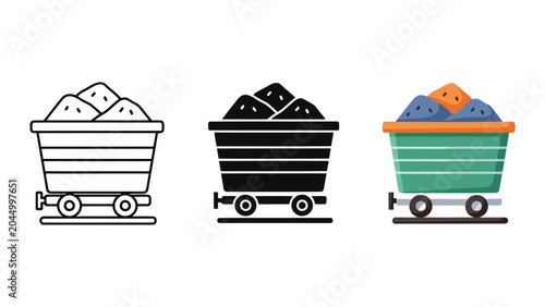 Fotografie Mining cart vector illustration set with outline silhouette and flat design styl