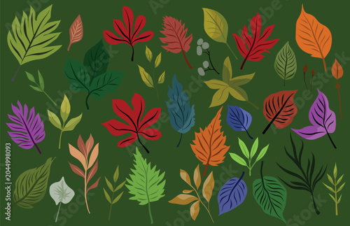 A colorful illustration of leaves on a green background Stock Vector illustration