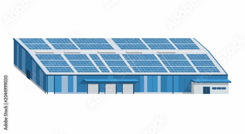 Modern Sustainable Industrial Warehouse with Rooftop Solar Panels, Green Energy Distribution Center and Eco-Friendly Infrastructure Illustration