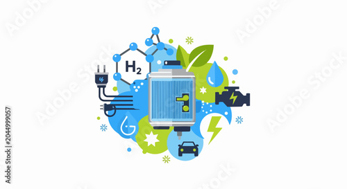 Hydrogen Fuel Cell Energy Technology Concept Vector Illustration for Sustainable Transportation and Eco-Friendly Power Solutions