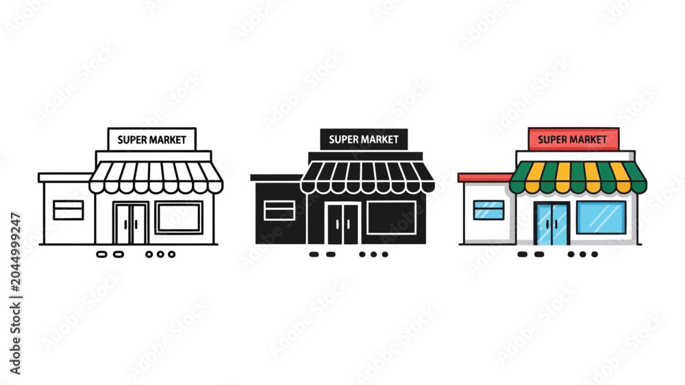 Naklejka premium Supermarket building vector illustration set with outline solid and flat design styles