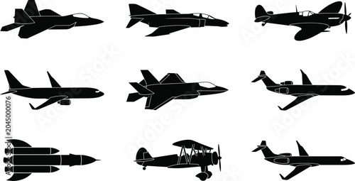 Fotografie Military and Civil Aircraft Silhouette Collection Featuring Fighter Jets Passeng