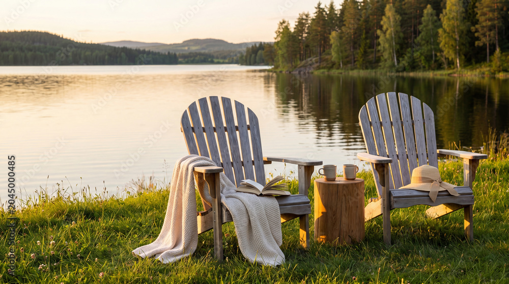 Fototapeta premium Two wooden chairs by a calm lake at sunset. Cozy seating with a blanket, book, and coffee cups on a tree stump table. Peaceful country holiday getaway in summer nature scenery.