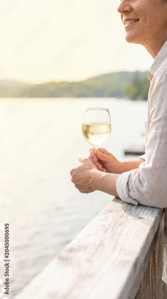 Obraz premium Woman holding glass of white wine on wooden dock by lake. Female relaxing during country vacation at sunset. Peaceful lifestyle and summer leisure trip near water. Escape and tranquility.