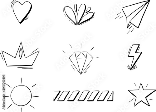 Hand drawn social media and success doodle elements set