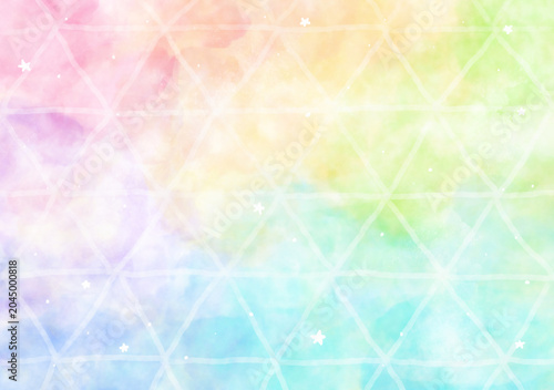 水彩風パステルレインボーカラー背景のイラスト・キラキラ星ラメ・宝石 ポリゴン柄 / Watercolor pastel color rainbow background texture with glitter stars and gem polygon illustration