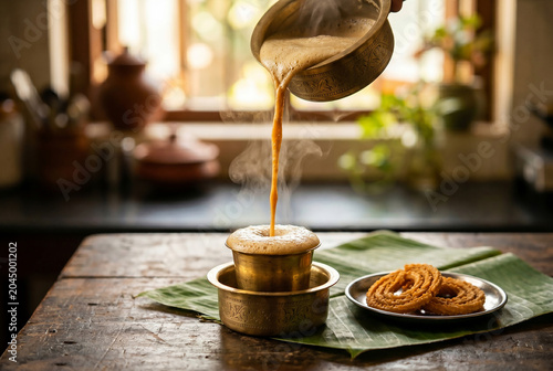 Traditional South Indian Filter Coffee Pouring into Brass Tumbler with Chakli on Banana Leaf