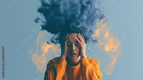 Woman overwhelmed by stress with smoke and fire erupting from her head