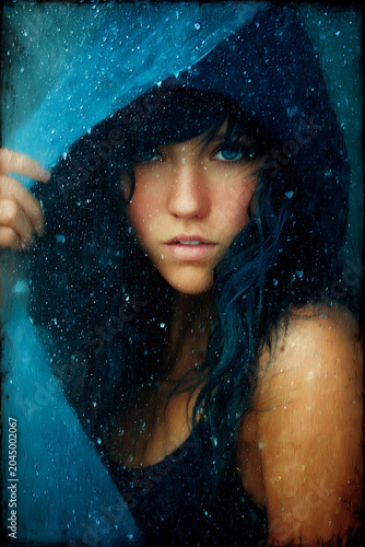 Cinematic portrait of a young woman beneath a hood in heavy rain, blending mystery, beauty, confidence, and atmospheric storytelling.