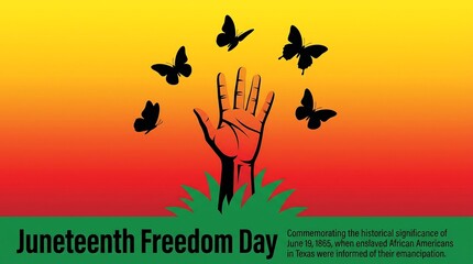 Juneteenth Freedom Day commemorative banner, raised hand silhouette with butterflies, Pan-African colors background for emancipation celebration