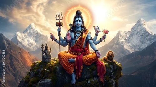 Hindu god Shiva meditating on mountain peak.