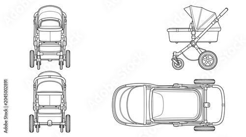 Baby prams child transport equipment technical drawing blueprint with front side back and top views CAD line art vector illustration