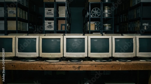 Row of old retro computer monitors on wooden desk in warehouse archive. Vintage technology hardware display for digital security and surveillance room monitoring. Data storage concept.