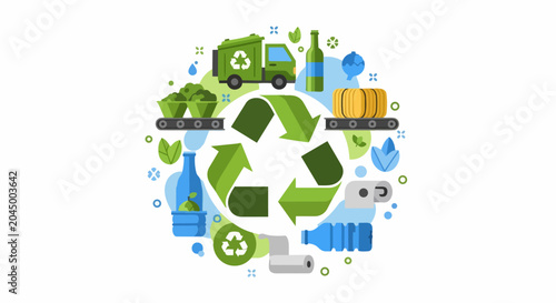 Circular Economy and Waste Recycling Concept Illustration Featuring a Green Recycling Symbol, Garbage Truck, Plastic Bottles, and Sustainable Waste Management Icons