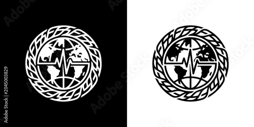 Quadro su tela A graphic illustration of a sailboat on a globe surrounded by a laurel wreath on