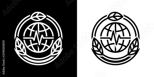 Foto Two identical black and white illustrations of a globe with a heartbeat line, surrounded by leaves and a circle