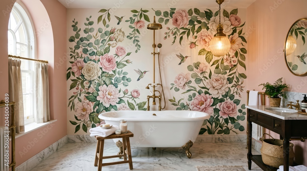 Fototapeta premium Freestanding clawfoot bathtub in a floral mural bathroom with brass fixtures, pendant light, marble floor, wooden stool and vanity, creating a romantic boutique spa atmosphere.