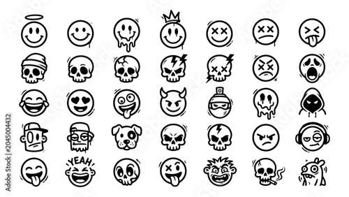 Konstfotografi Graffiti style icon set with skulls and urban emojis black and white vector illu