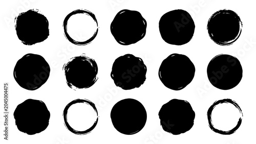 Photos Black grunge brush stroke circles and ink blobs set for graphic design elements