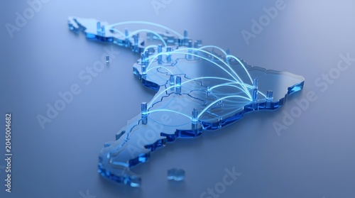 Digital network connections across South America map showcasing technology communication and global connectivity