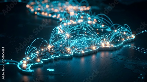 Digital network connections across South America map showcasing technology communication and global connectivity