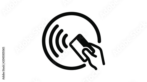 Simple black icon showing a hand using a contactless credit card for secure digital payment transactions