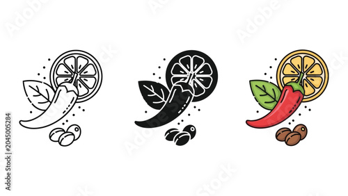 Chili pepper with lemon slice and coffee beans vector illustration set