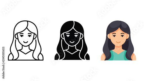 Woman avatar set in line art silhouette and flat color vector illustration