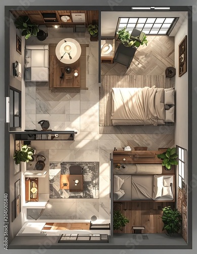 Sunlit Modern Studio Apartment Layout with Bedroom Workspace and Living Area