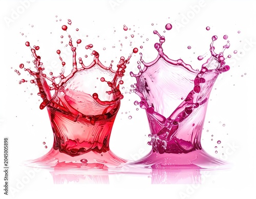 Two vibrant liquid splashes, red and pink, frozen in motion against white